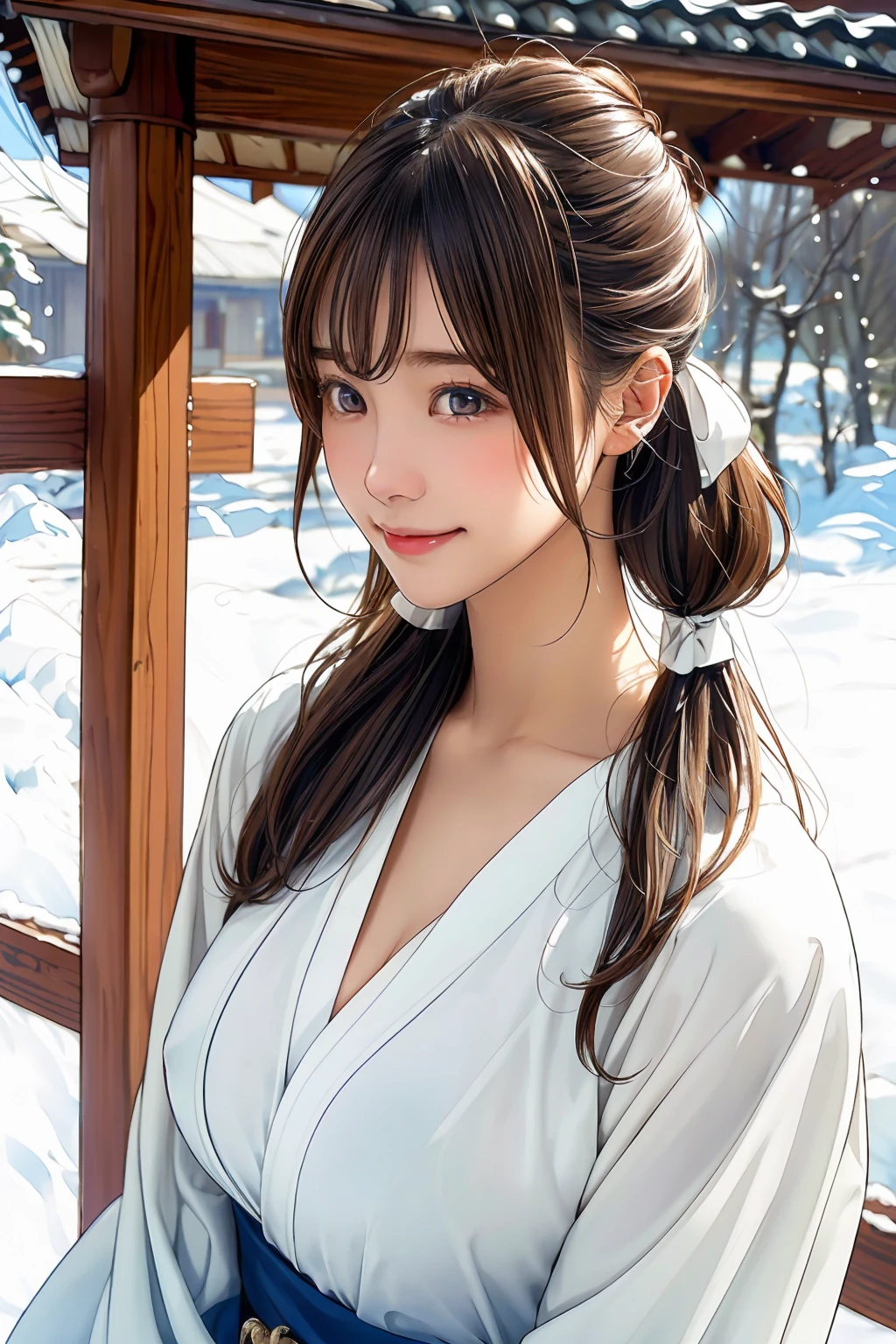 (masterpiece:1.3, highest quality, Ultra-high resolution, Very detailed), (Realistic, photoRealistic:1.4), Beautiful illustrations, Perfect lighting, Natural light, colorful, Written boundary depth, nfsw,
Looking at the audience, (Face Focus, Upper Body), 1 girl, Japanese, high school girl, Perfect Face, Symmetrical cute face, Shiny skin,
(Mid-length hair:1.5, Low Twintails:1.7, Brown Hair), Asymmetrical bangs, Dark red eyes, (Big Breasts:1.4),
Beautiful Hair, Beautiful Face, Fine and beautiful eyes, Beautiful clavicle, Beautiful body, Beautiful breasts, Beautiful thighs, Beautiful legs, Beautiful fingers,
((shrine maiden clothes, Long sleeve, for a long time, Hair Ribbon、Upper Bodyは裸です、Nipples)), (Cute Smile, Upper Eye, Lips parted),
(Beautiful views), winter, dawn, (new year, First visit), (shrine), crowd, snow, snowfall:1.5, Frozen Weather, Frost, Are standing, walk,