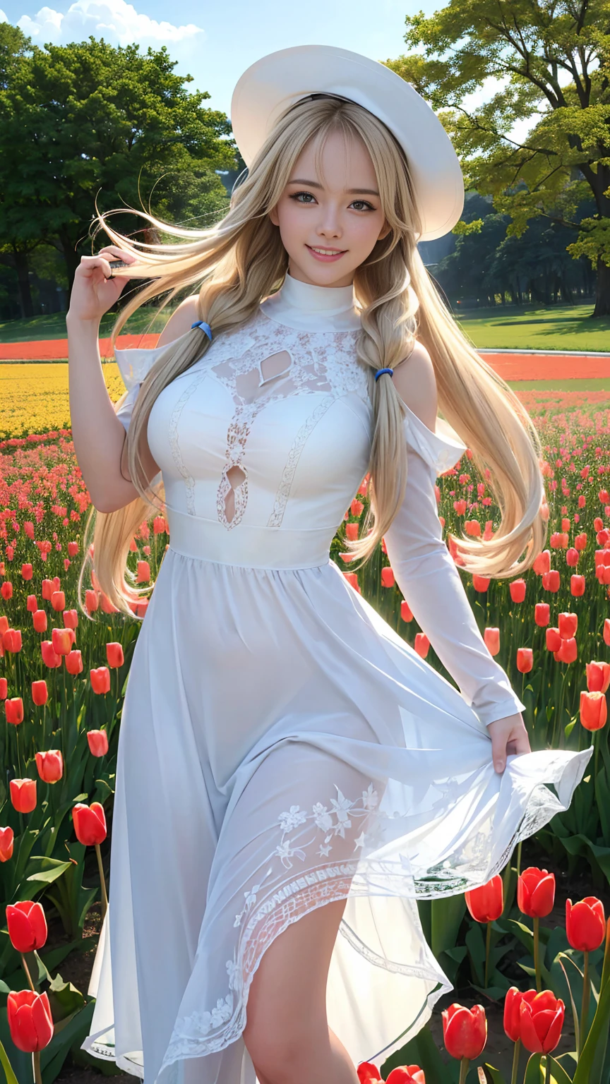 (8k, RAW Photos, Realistic, photo-Realistic:1.5), masterpiece, highest quality, High resolution, Very detailed, Detailed Background, Cinema Lighting, Dynamic Angle, Lens flare, dramatic, One girl, pretty girl, alone, Wind, Light blonde hair, blue eyes, Very long twin tails, White Hat, blue null, smile, Flying petals, flowery Field, null, Tulips, sun, Field, Fractal Art,