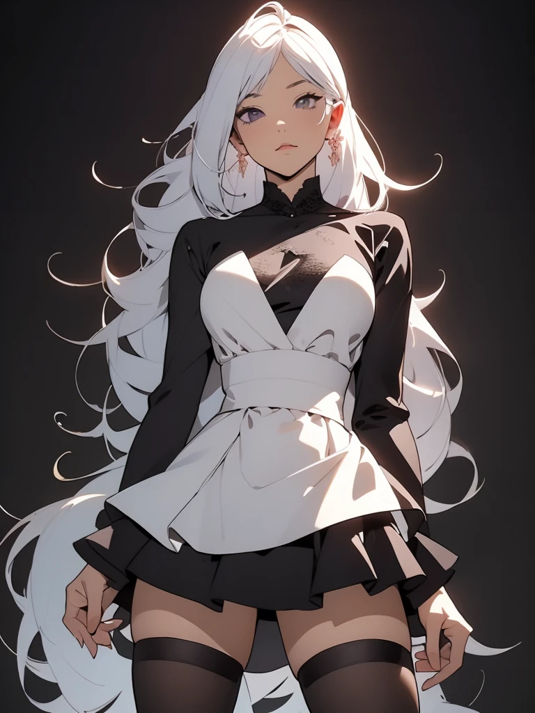 ((Absurd)), ((highest quality)), ((masterpiece)), ((Simon Bisley)), (((wemple))), Wearing a white fashion shirt and a black skirt、Beautiful and elegant anime woman with small breasts, bare hands, White Hair, 30 years old, Tall, toned body, two piece costume, Small earrings, White calf stockings,Cute Face, Sexy standing pose, Black Background, Grayscale images, Colorless lighting
