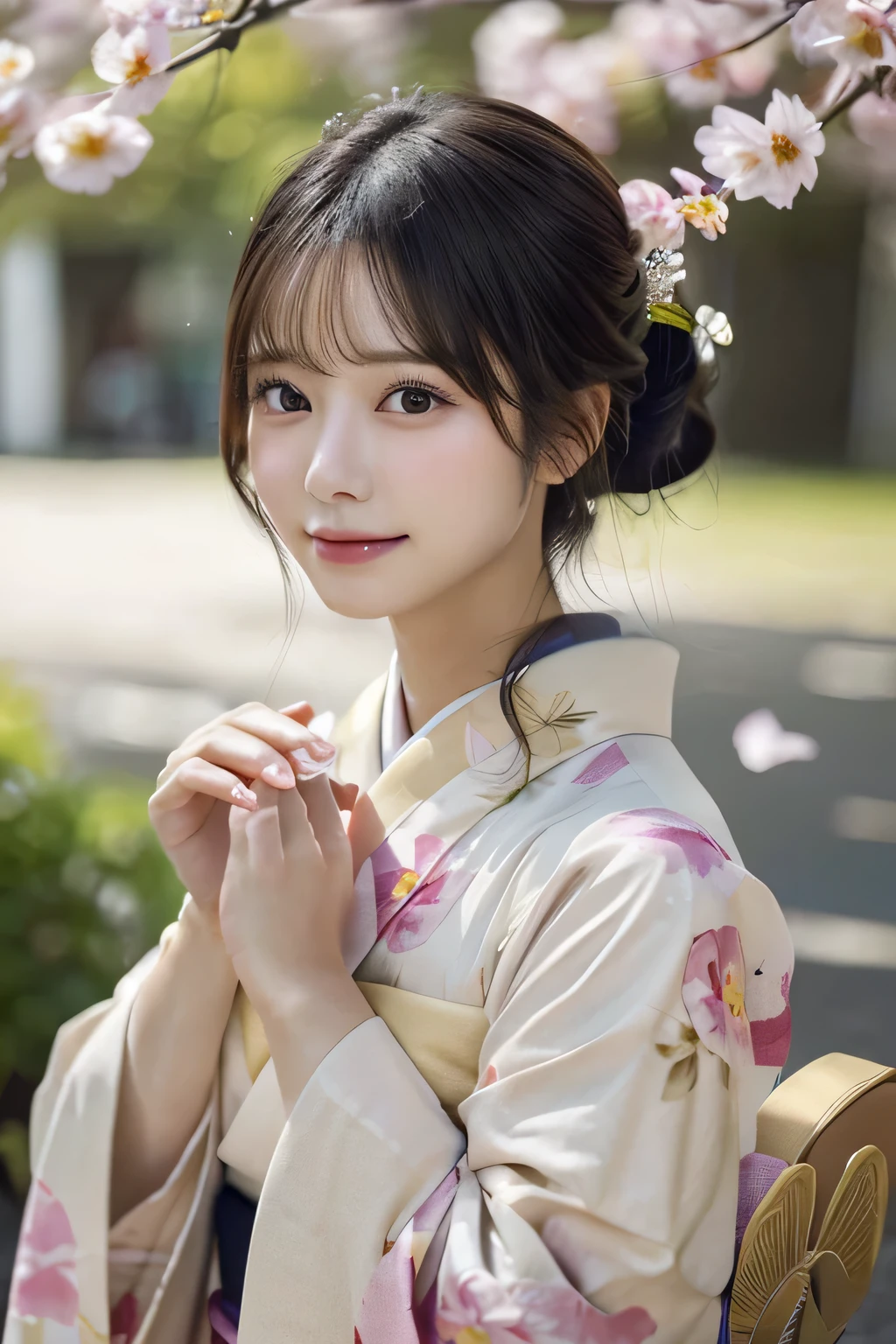 (Kimono)、Random Shots、、、randome pose、(Petals flutter:1.3)、(Wind:1.3)、(top-quality,​masterpiece:1.3,超A high resolution,),(ultra-detailliert,Caustics),(Photorealsitic:1.4,RAW shooting,)Ultra-realistic capture,A highly detailed,high-definition16Kfor human skin、 Skin texture is natural、、The skin looks healthy with an even tone、 Use natural light and color,One Woman,japanes,,kawaii,A dark-haired,Middle hair,(depth of fields、chromatic abberation、、Wide range of lighting、Natural Shading、)、