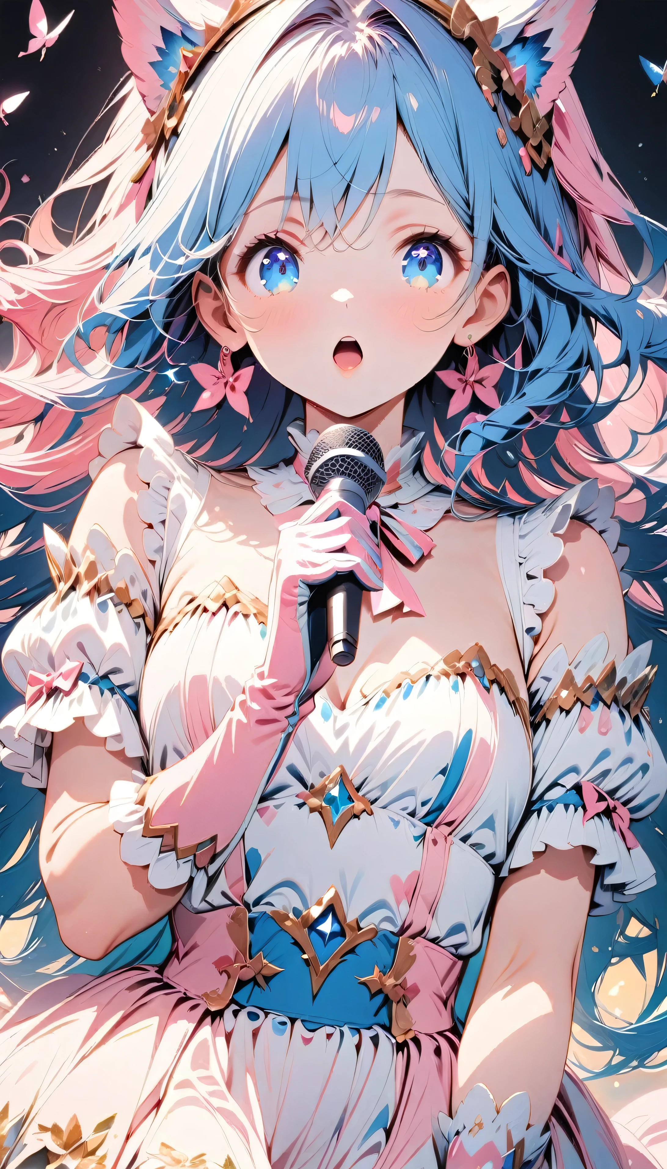 Masterpiece, beautiful details, perfect focus, uniform 8K wallpaper, high resolution, exquisite texture in every detail, looking at the viewer, (double exposure), (from the front), one person girl, solo, long hair, blue eyes, simple background, gloves, white off-shoulder dress, pink ribbon on the chest, gloves, pink fluffy gloves, jewelry, (blue hair, long hair, curly hair), earrings, black background, Stardust, Microphone, Music, Singing,
