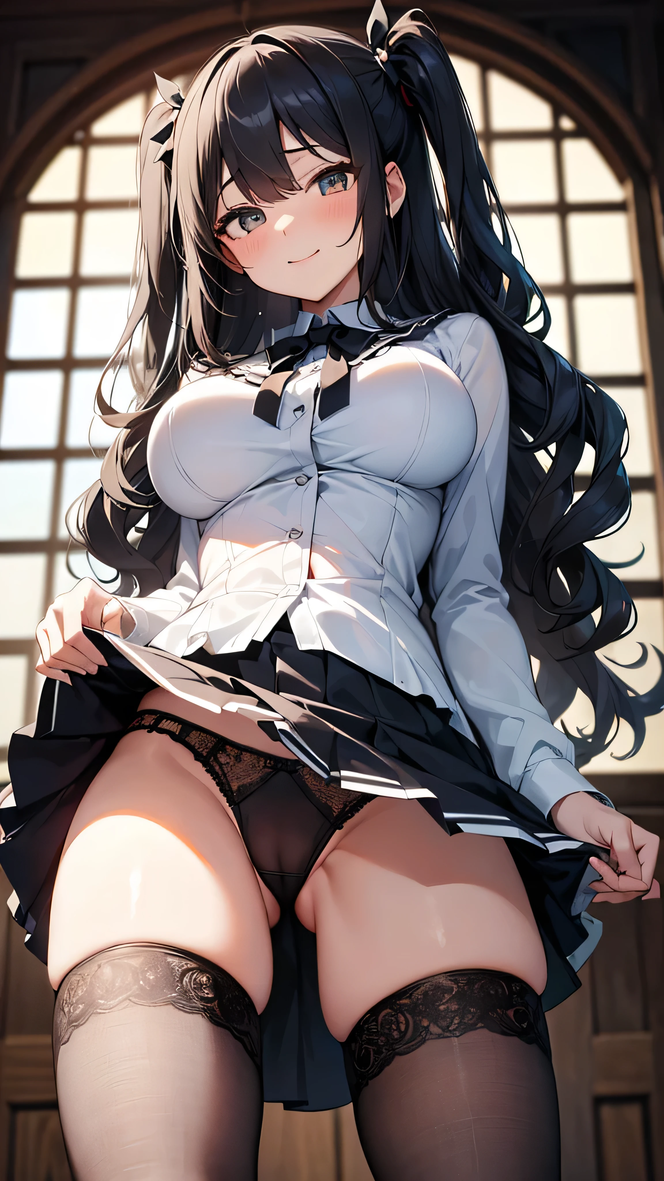 masterpiece,highest quality,One girl,(黒いtwo side up:1.1),(Wavy Hair:1.1),Mid-length hair,(Light blue gradient hair:0.8),Big Breasts,ruffled white blouse,black flared skirt,Ribbon ornament,Fishnet tights,Panty shot,Roll up your skirt,Naughty smile,Up Leg,Panty Focus,Camel Toe,Lace panties,(Hollow Eyes),(scorned eyes),Spreading pussy,From below,Looking down,throw