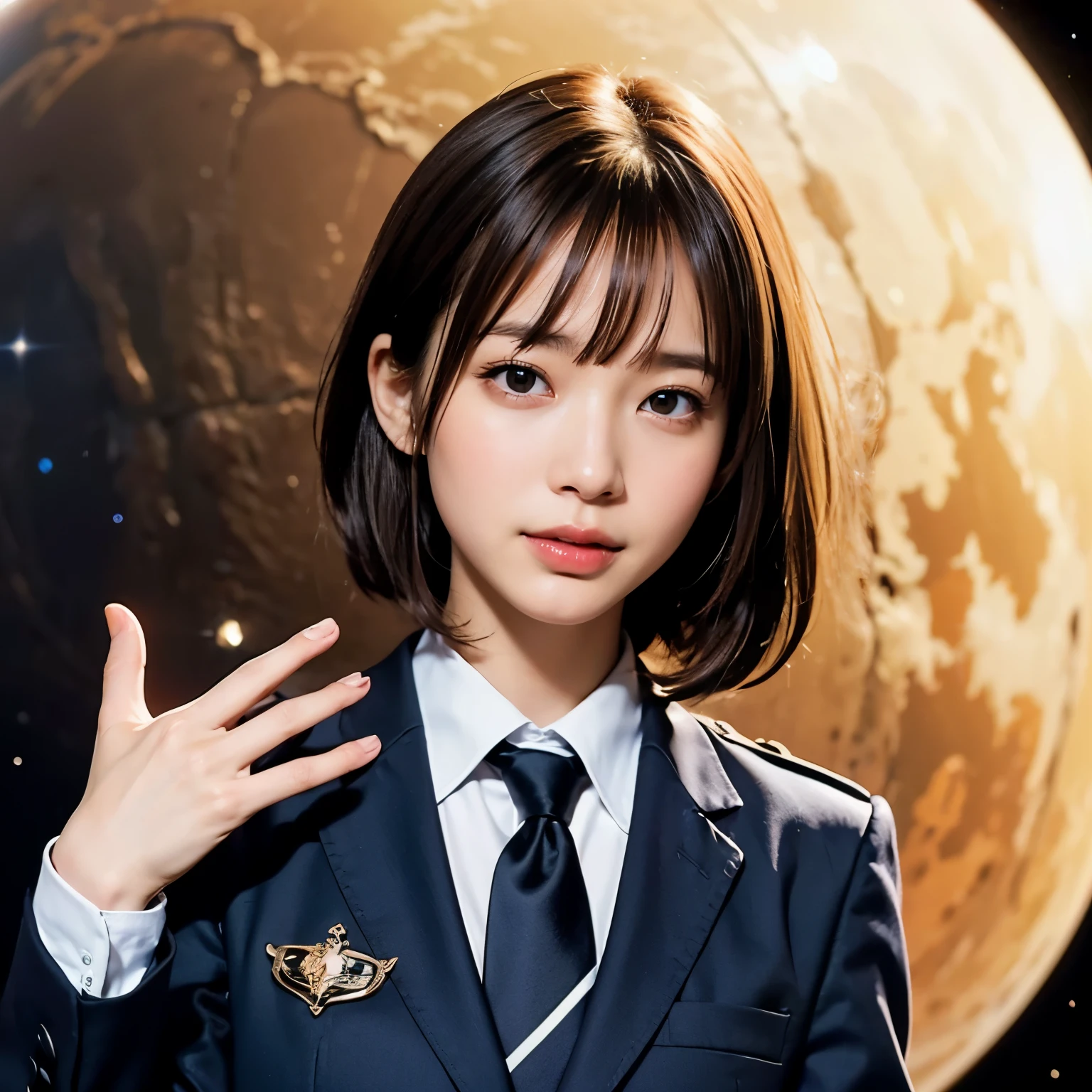 (Pieces fly, highest quality:1.2), 8k, Official Art, Surprised expression、chest、cute、Put your hand over your mouth、Wearing a suitいる、Gesture of removing tie、chestが見える、A rough image of a girl in a uniform holding a globe, Official Artwork, portrait anime space cadet girl, with the earth, girl in space, Space High School, Space Girl, planet, Trending on cgstation, 太陽系外planet, Official Art, 火星のplanet, Beautiful anime school girl, Sakimi-chan, planetの隣に浮かぶ, galaxy japan、Five Fingers Photos&#39;Body of, Esbian all over、Suit Beauty、Big Dipper in the background、Star Explosion、Black Hairの美しい裸足の女性, Hold a flame in your right hand、Tie your tie with your right hand、Look up、Looking down、Cool look、明るい溶岩の光が小planet帯の下から壊れた地球の上に昇る(Jagged rocks and debris flew into the air.:1.3) (Windy dust storm:1.1) Volume fogmist by trace Z、Allows bright light from below to pass through、 (masterpiece) (highest quality) (detailed) (8k) (Cinema Lighting) (Sharp focus) (complicated)Black Hair、************、小さいchest、fun、Laughter、Incredibly stupid, (beautiful girl, Pretty face, lean back, Gold ornament in hair、Wearing a suit、chestのクローズアップ, Wearing a suitいる, Short sleeve, Gardenia, Violacea, space , View Viewer, Film Grain, chromatic aberration, オッパイSharp focus, Face Light, Dynamic Lighting, Cinema Lighting, detailedな目と顔, (Grey tie、1:1.2)