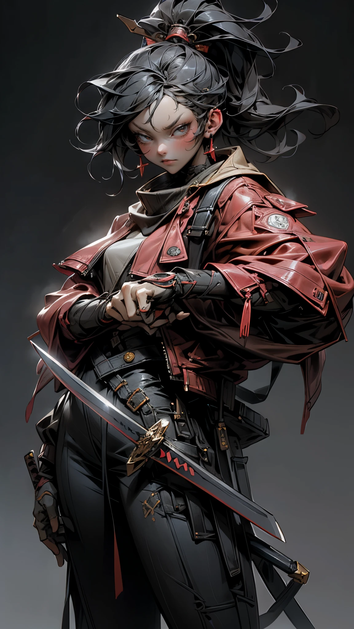 a woman holding a sword in a dark room, 2. 5 d cgi anime fantasy artwork, holding a black katana, stuning fantasy 3 d render, holding katana, unreal engine character art, unsheathing her katana, she is holding a katana sword, yasuke 5 0 0 px models, dramatic wielding katana pose, holding a katana, background color smoked, Red leather jacket.