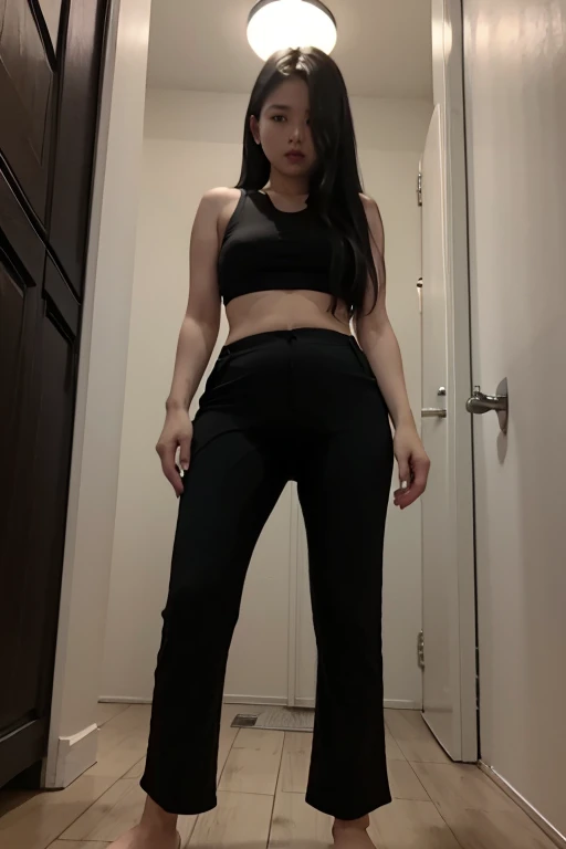 Malay Girl thin body sees the ghost and pees her black culotte pants in fright.