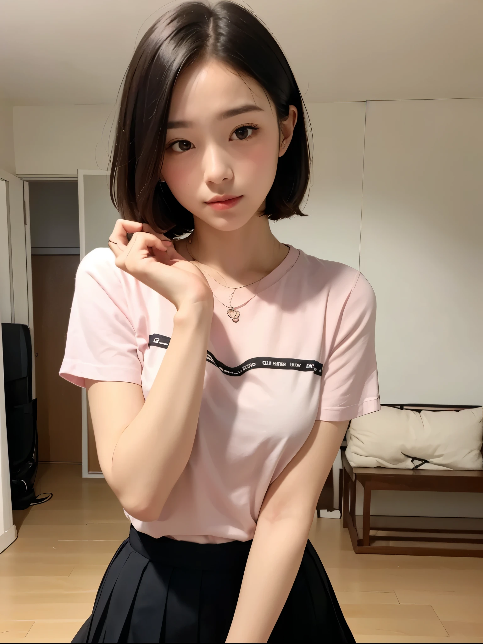 (High resolution、8k:1.3)、(Ultra-realistic as a photo:1.3)、Very nice finish、Sharp focus, 超High resolutionの顔、highest quality、The face is in focus、Ultra high definition and beautiful eyes、Eyes are symmetrical:1.3、High quality and beautiful skin、Firm Skin、Japanese Girls, very cute、17 years old、(Short sleeve shirt、Pleated skirt、mini skirt), indoor、very cute、Natural Makeup, Glossy lips、(blush:1.3), (Embarrassing:1.3)、(View your viewers:1.3),short hair, messy hair