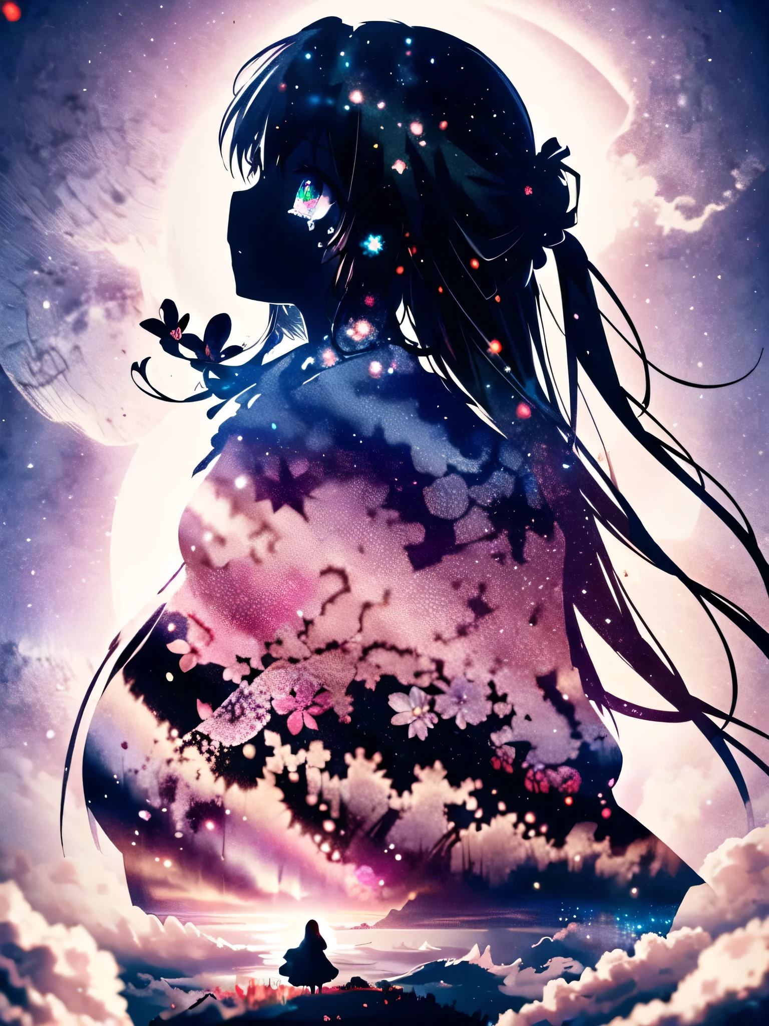 masterpiece, highest quality, (silhouette:1.3), 1girl, Long Hair, Glowing Eyes, Beautiful Eyes, star (null), profile, flower, tears, 
