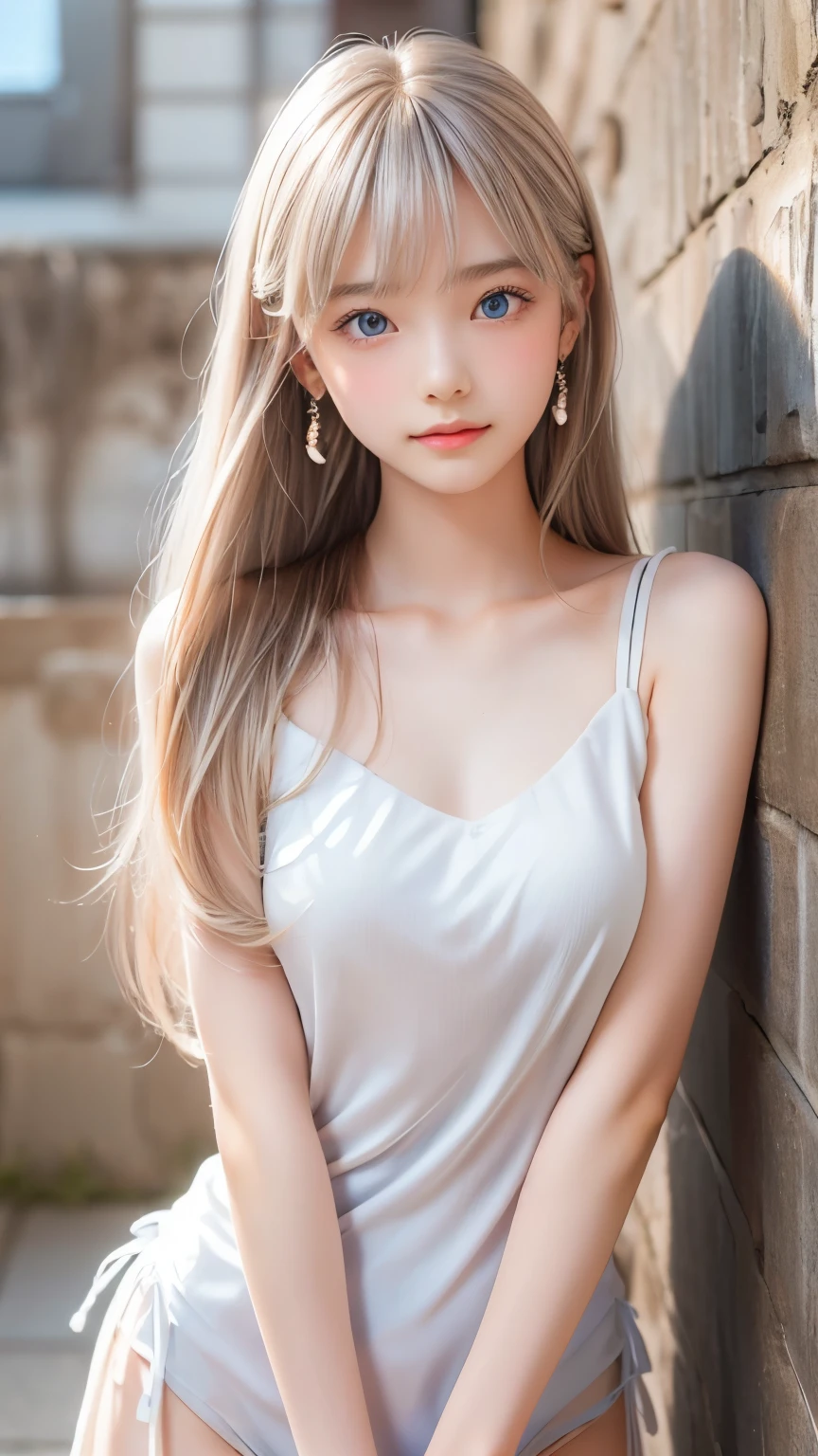 ((sfw: 1.4)), ((detailed face,  professional photography)), ((sfw, standing against the wall, 1 Girl)), Ultra High Resolution, (Realistic: 1.4), RAW Photo, Best Quality, (Photorealistic Stick), Focus, Soft Light, ((15 years old)),  (( (young face))), (surface), (depth of field), masterpiece, (realistic), woman, bangs, ((1 girl)), ( Beautiful white glowing skin, incomparable beauty, bright, fresh, gentle expression, perfect beautiful cute face, shiny platinum blonde silk super long straight hair, beautiful shiny bangs, eyeliner, big clear sky blue eyes,, earrings)
