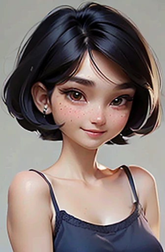 (masterpiece), (8k, best quality, high resolution), (ultra-detailed, realistic), (anatomically correct),
((from above)), ((look up and see the viewer)),
((face close-up)), (Standing), (No background),
(1woman),
(A Japanese woman, 30 years old and 155cm tall.),
((Create a detailed image of the eye)), ((dark brown eyes)),
(((Wear a navy blue tunic camisole))), ((A camisole without decoration.)),
(black hair), (straight hair), (short hair style), ((bob cut)),
(((large mole on right jaw))),
((smile broadly)),
(Her impression is pure, clean and kind.),