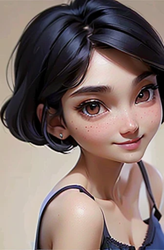 (masterpiece), (8k, best quality, high resolution), (ultra-detailed, realistic), (anatomically correct),  
((from above)), ((look up and see the viewer)), 
((face close-up)), (Standing), (No background),
(1woman),   
(A Japanese woman, 30 years old and 155cm tall.), 
((Create a detailed image of the eye)), ((dark brown eyes)), 
(((Wear a navy blue tunic camisole))), ((A camisole without decoration.)),  
(black hair), (straight hair), (short hair style), ((bob cut)), 
(((large mole on right jaw))), 
((smile broadly)), 
(Her impression is pure, clean and kind.),
