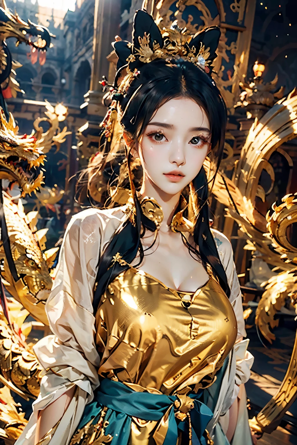 ((best quality)), ((masterpiece)), (detailed), Perfect face,Hanfu Beauty,Standing in front of a huge golden glowing dragon,Looking at the camera,Ultra-detailed face and eyes,16k,Best quality,Bokeh,Soft Light,space,Crystal clear,Natural light,Close shot