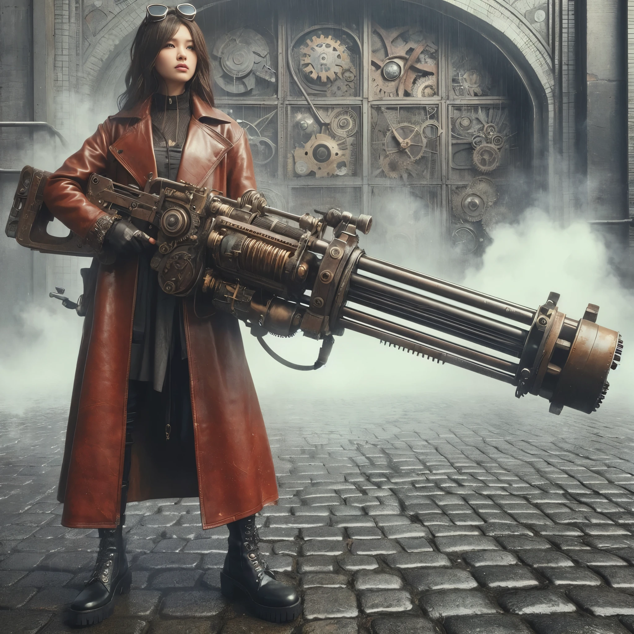 ８ｋ,Realistic Skin Texture、Superrealism、Realistic Photo、Japanese women、steampunk、Leather coat、Standing with a heavily modified oversized rifle、Light cloudiness、Dirty city、Steam rising from buildings here and there、Goggles above your head、Stand facing forward in front of a wall with intricate patterns and gears、