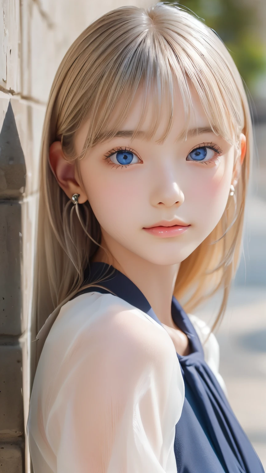 ((sfw: 1.4)), ((detailed face,  professional photography)), ((sfw, standing against the wall, 1 Girl)), Ultra High Resolution, (Realistic: 1.4), RAW Photo, Best Quality, (Photorealistic Stick), Focus, Soft Light, ((15 years old)),  (( (young face))), (surface), (depth of field), masterpiece, (realistic), woman, bangs, ((1 girl)), ( Beautiful white glowing skin, incomparable beauty, bright, fresh, gentle expression, perfect beautiful cute face, shiny platinum blonde silk super long straight hair, beautiful shiny bangs, eyeliner, big clear sky blue eyes,, earrings)
