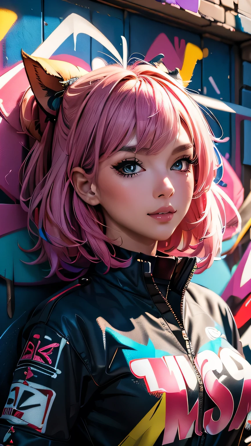 (highest quality), masterpiece, Highly detailed CG uniform 8K illustrations, High collar, extremely High collar saturation, All the colors have deepened, paint, Graffiti art, Center Configuration, Highly detailed lights and shadows, Graffiti wall, wall painted bright, A girl&#39;s graffiti A girl is staring at the wall, Highly detailed face and eyes, Medium length hair, Sportswear, Coloured Clouds