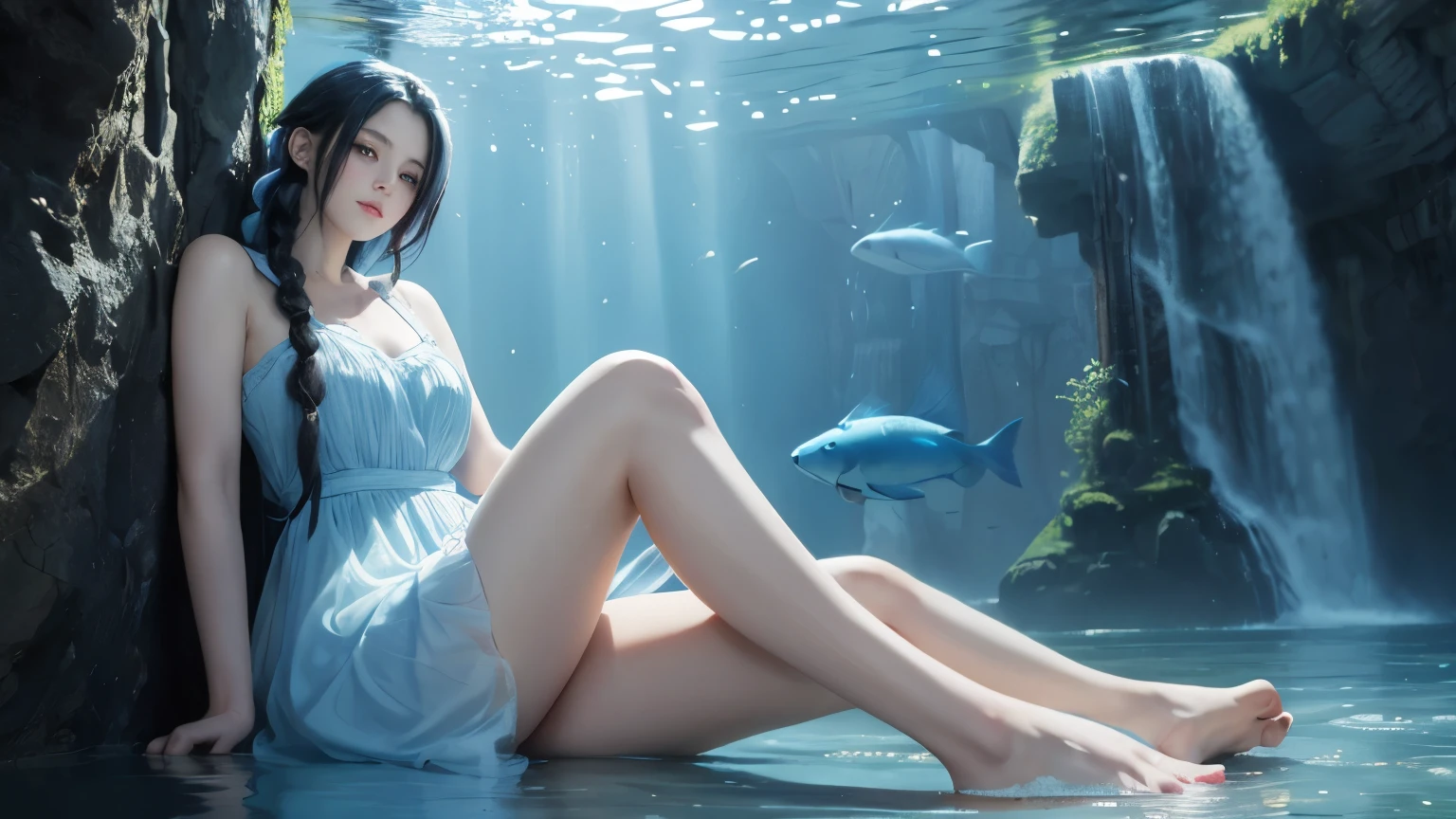 （Knee shot）Boutique，masterpiece，Ultra-high resolution，Clear face，White hair，Black Hair，Colorful Hair，short hair，Straight Hair，Long braids，Glowing red eyes，Red X pupil，Sweet girl clothes 6，Light blue print dress，（Trueness：1.4），RAW photos，Cold Light，Woman wearing light blue transparent dress underwater，Wallpaper blue water，Gurwitz-style artwork，Water magic close-up fantasy，Beautiful artistic illustration，Beautiful digital artwork，Beautiful digital illustrations，Beautiful Portrait，Above the knee