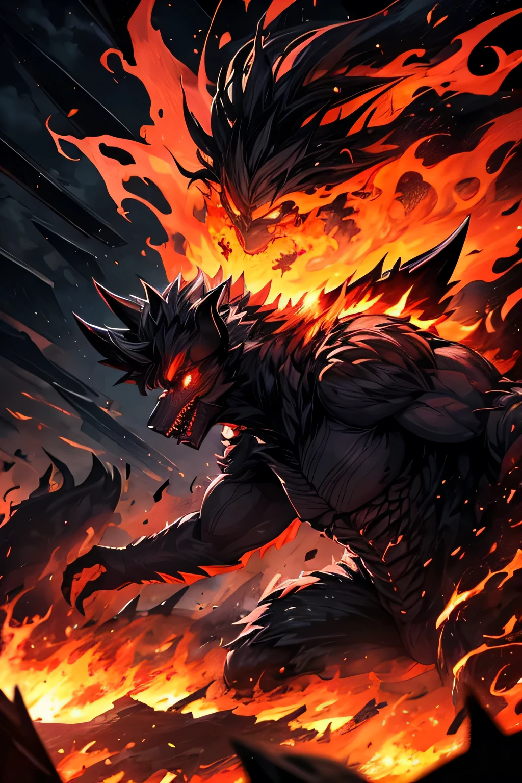 Fire, flames, storm, wind, strong wind, engulfed in flames, (((black Monsters))), background is city at night
