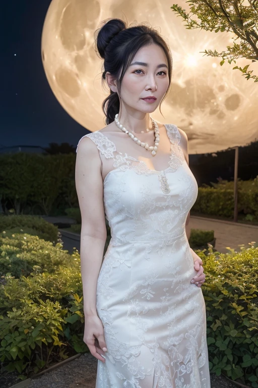 Mature Asian Woman, Beautiful fine details, Beautiful lip detail, Highly detailed face, Long eyelashes, ((Low Ponytail)), ((Pearl Necklace)), Full body emphasis, dress, garden, night中, night, full moon, moonlight, (highest quality, 4K, 8k, High resolution, masterpiece:1.2), Super detailed, (Realistic, photoRealistic, photo-Realistic:1.37), Vibrant colors