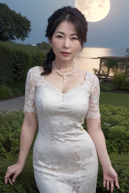Asian Woman, Beautiful fine details, Beautiful lip detail, Highly detailed face, Long eyelashes, ((Low Ponytail)), ((Pearl Necklace)), Full body emphasis, dress, garden, night中, night, full moon, moonlight, (highest quality, 4K, 8k, High resolution, masterpiece:1.2), Super detailed, (Realistic, photoRealistic, photo-Realistic:1.37), Vibrant colors