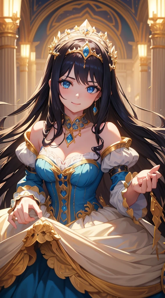 fantasy, 1girl, long brunette hair, blue eyes, smiling, looking at viewer, intricate full length rococo ballgown, frills, tiara, palace, masterpiece, 8K, perfect lighting, perfect clothes, perfect anatomy, perfect eyes, perfect face, sharp resolution, (face closeup)