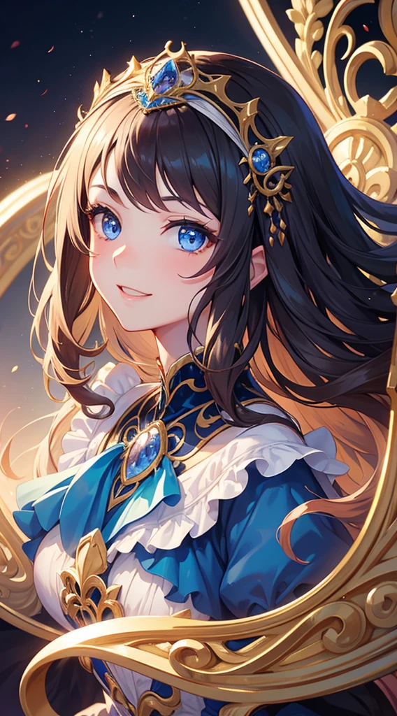 fantasy, 1girl, long brunette hair, blue eyes, smiling, looking at viewer, intricate full length rococo ballgown, frills, tiara, palace, masterpiece, 8K, perfect lighting, perfect clothes, perfect anatomy, perfect eyes, perfect face, sharp resolution, (face closeup)