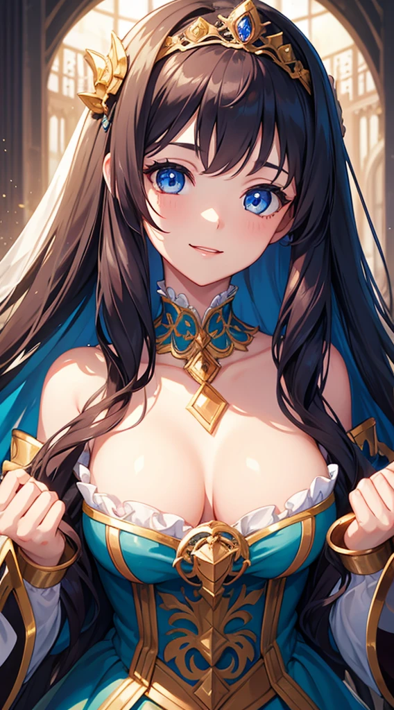 fantasy, 1girl, long brunette hair, blue eyes, smiling, looking at viewer, intricate full length rococo ballgown, frills, tiara, palace, masterpiece, 8K, perfect lighting, perfect clothes, perfect anatomy, perfect eyes, perfect face, sharp resolution, (face closeup)
