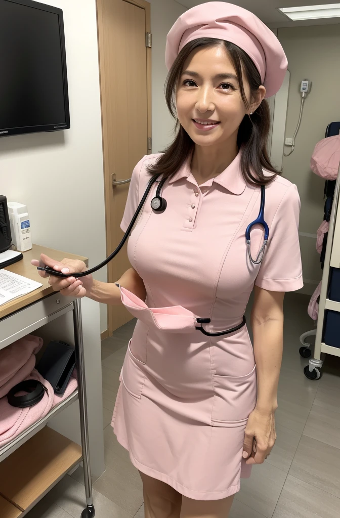 masterpiece, highest quality, 16k, hospital, operating room, old woman, interior photograph, happy, smile, (Are standing), (Recall), (View Viewer), Long Hair, ponytail, Black Hair, Open your eyes, (Big Breasts:1.32), (Wrinkles:1.32), (Nose and labia:1.32), (old skin:1.32), freckled skin, Wrinkled skin, Pale skin, (old muscles:1.2), plump, {(nurse), ((Chest pocket)), ((Collared dress)), ((Short dress:1.48)), ((No sleeve)), ((Thighs)), (Pink Dress), (Pink hat), Tea Back Panties, (Pink Sandals), ((Stethoscope))}, mole, 65-year-old, old, Elderly, Japanese, internal, in the hospital, with operating table, in the afternoon, Real person, Ultra-realistic photos, Browsing Caution, Full Body Shot, from the front, Front view