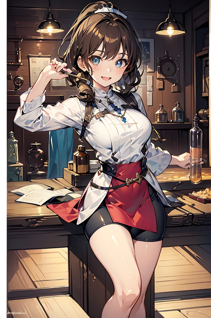 (highest quality:1.5),(8k,masterpiece, top quality, best quality,beautiful and aesthetic:1.2,professional illustrasion:1.1,ultra detail:1.3,perfect lighting),extremely detailed,highest detailed,incredibly absurdres , highres, ultra detailed,intricate:1.3,(Alchemy Workshop:1.4),A girl mixing,Medicine in many small bottles,colorful:1.4,zentangle,(1girl),(highly detailed beautiful face and eyes,firm breasts),real skin,((brown hair,short bob with short pony tail hair)),thin pubic hair:1.3,cute,lovely,17 years old,alchemist costume,smile,in the kitchen,smile,seductive weak smiling,(with sparkling eyes and a contagious smile),open mouth, Looking at Viewer,
