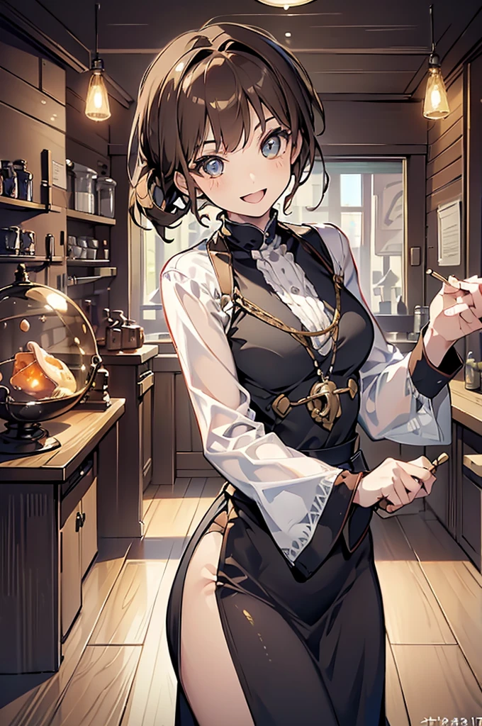 (highest quality:1.5),(8k,masterpiece, top quality, best quality,beautiful and aesthetic:1.2,professional illustrasion:1.1,ultra detail:1.3,perfect lighting),extremely detailed,highest detailed,incredibly absurdres , highres, ultra detailed,intricate:1.3,(Alchemy Workshop:1.4),A girl mixing,Medicine in many small bottles,colorful:1.4,zentangle,(1girl),(highly detailed beautiful face and eyes,firm breasts),real skin,((brown hair,short bob with short pony tail hair)),thin pubic hair:1.3,cute,lovely,,alchemist costume,smile,in the kitchen,smile,seductive weak smiling,(with sparkling eyes and a contagious smile),open mouth, Looking at Viewer,