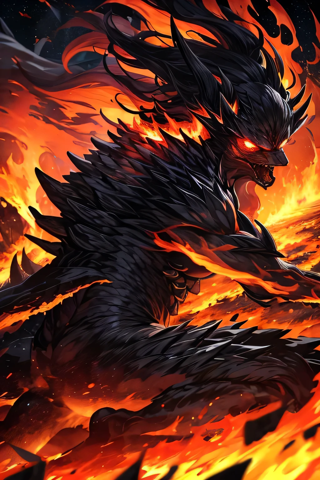 Fire, flames, storm, wind, strong wind, engulfed in flames, (((black Monsters))), background is city at night
