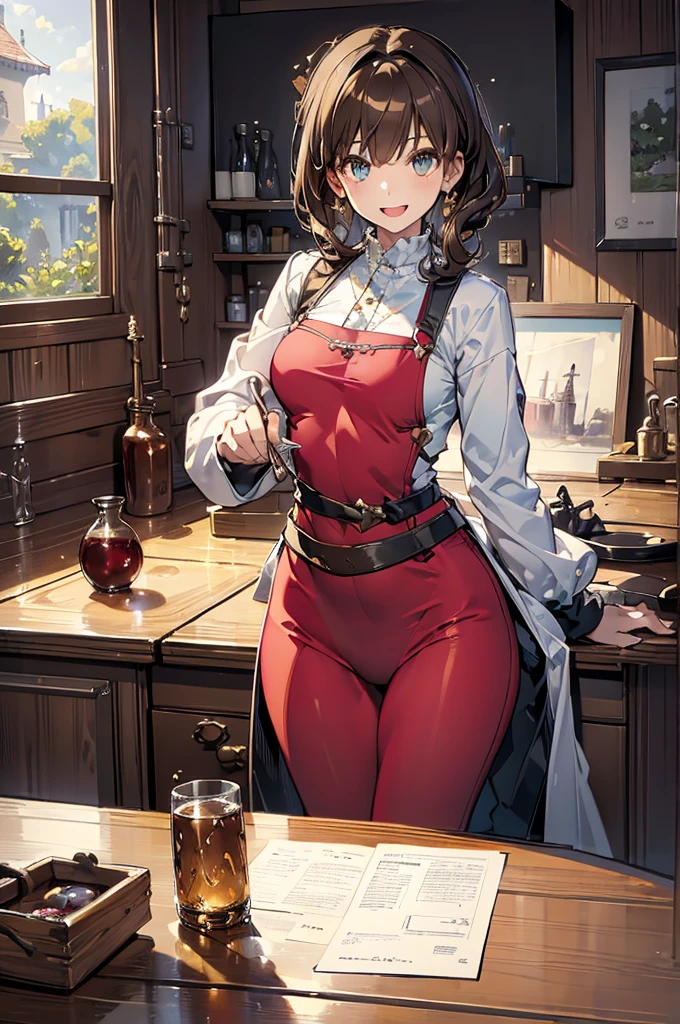 (highest quality:1.5),(8k,masterpiece, top quality, best quality,beautiful and aesthetic:1.2,professional illustrasion:1.1,ultra detail:1.3,perfect lighting),extremely detailed,highest detailed,incredibly absurdres , highres, ultra detailed,intricate:1.3,(Alchemy Workshop:1.4),A girl mixing,Medicine in many small bottles,colorful:1.4,zentangle,(1girl),(highly detailed beautiful face and eyes,firm breasts),real skin,((brown hair,short bob with short pony tail hair)),thin pubic hair:1.3,cute,lovely,17 years old,alchemist costume,smile,in the kitchen,smile,seductive weak smiling,(with sparkling eyes and a contagious smile),open mouth, Looking at Viewer,
