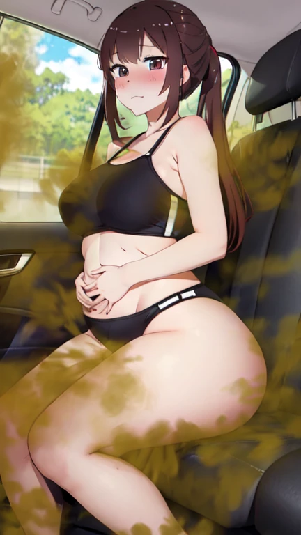 2 Asian girls, both farting together side by side, desperate to poop, farting while sitting in car, sitting down, wearing swimsuits, stomach bloated, hangs holding stomach, pained expression, shocked and embarrassed, mouth open in shock, sweating, blushing, beautiful and cute face, anime art style, fit body, tall and thin, view from back