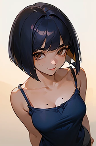 (masterpiece), (8k, best quality, high resolution), (ultra-detailed, realistic), (anatomically correct),
((from above)), ((look up and see the viewer)),
((face close-up)), (Standing), (No background),
(1woman),
(A Japanese woman, 30 years old and 155cm tall.),
((Create a detailed image of the eye)), ((dark brown eyes)),
(((Wear a navy blue tunic camisole))), ((A camisole without decoration.)),
(black hair), (straight hair), (short hair style), ((bob cut)),
(((large mole on right jaw))),
((smile broadly)),
(Her impression is pure, clean and kind.),