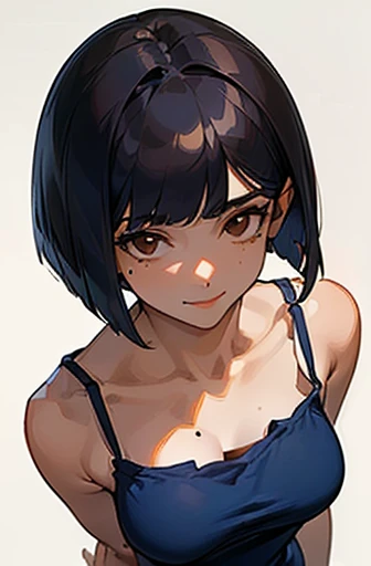 (masterpiece), (8k, best quality, high resolution), (ultra-detailed, realistic), (anatomically correct),
((from above)), ((look up and see the viewer)),
((face close-up)), (Standing), (No background),
(1woman),
(A Japanese woman, 30 years old and 155cm tall.),
((Create a detailed image of the eye)), ((dark brown eyes)),
(((Wear a navy blue tunic camisole))), ((A camisole without decoration.)),
(black hair), (straight hair), (short hair style), ((bob cut)),
(((large mole on right jaw))),
((smile broadly)),
(Her impression is pure, clean and kind.),
