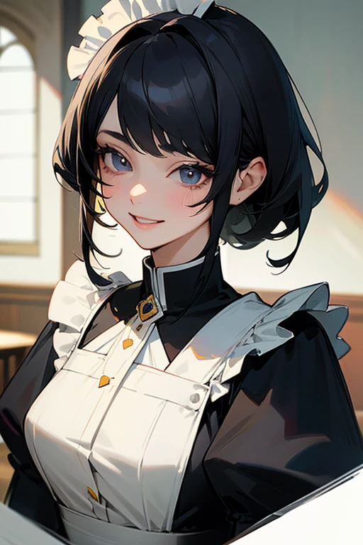(Highest Resolution, clear_image) highest quality, Single person, One woman, alone, masterpiece, Very detailed, Semi-realistic, Black Hairのショートヘア, Black Hair, bangs, 18-year-old, mature, light blue uniform, uniform, Indoor Background, kind, Authoritative, Powerful, exquisite features, exquisite features、Eyelashes become longer、Showing teeth、smile😀、Maid clothes、woman'Fingers in the、Sleeping on the sofa、Long Hair、Fluttering in the wind、Cleaning in progress、Navy blue clothes、ponytail、