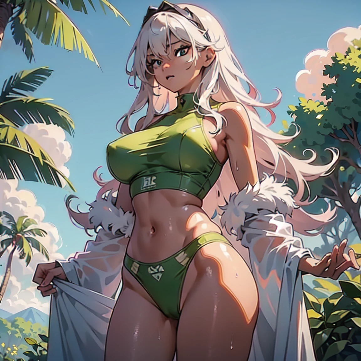 (masterpiece, best quality:1.2), cowboy shot, solo, 1girl, glasses, long fluffy pink hair, gorgeous body, cowboy shot, slight smile, crop top, (sexy very transparent (green) clothes), sexy pose, musculous belly, navel exposed, large breasts, pink breasts niples, cameltoe, tanned skin, wet body and clothes.