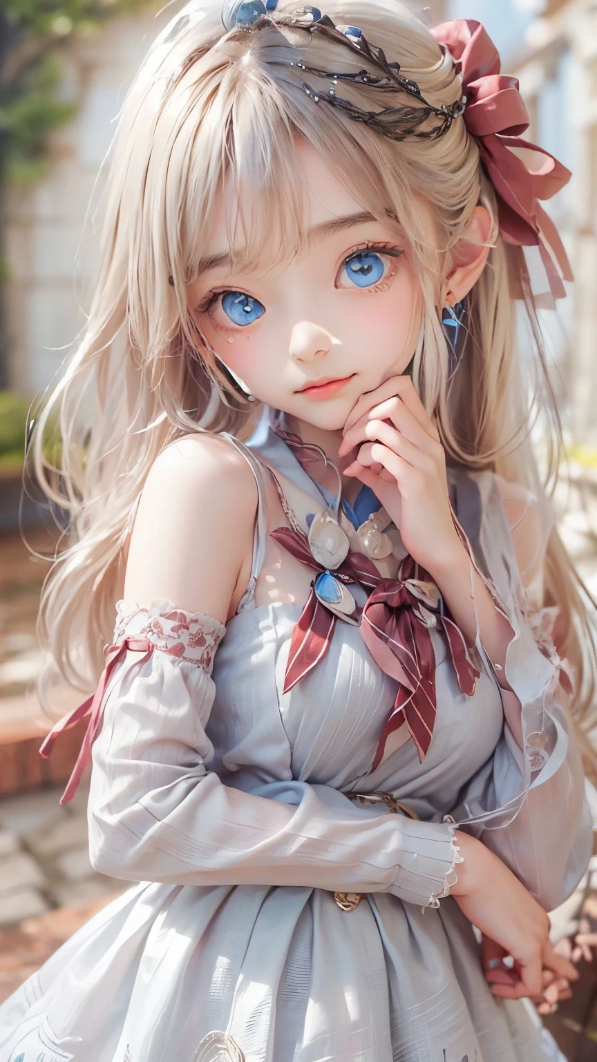 ((sfw: 1.4)), (She is wearing a long white embroidered skirt, a red blouse with lace, a white apron tied around her waist, blue socks, and brown leather shoes, blue scarf is on her head. Yes, her accessories include necklaces, earrings, and bracelets. 1 Girl)), Ultra High Resolution, (Realistic: 1.4), RAW Photo, Best Quality, (Photorealistic Stick), Focus, Soft Light, (()), ((Shiny platinum blonde silk super long straight hair, beautiful shiny bangs, big clear sky blue eyes, very beautiful bright eye highlights )), (( (young face))), (surface), (depth of field), masterpiece, (realistic), woman, bangs, ((1 girl))