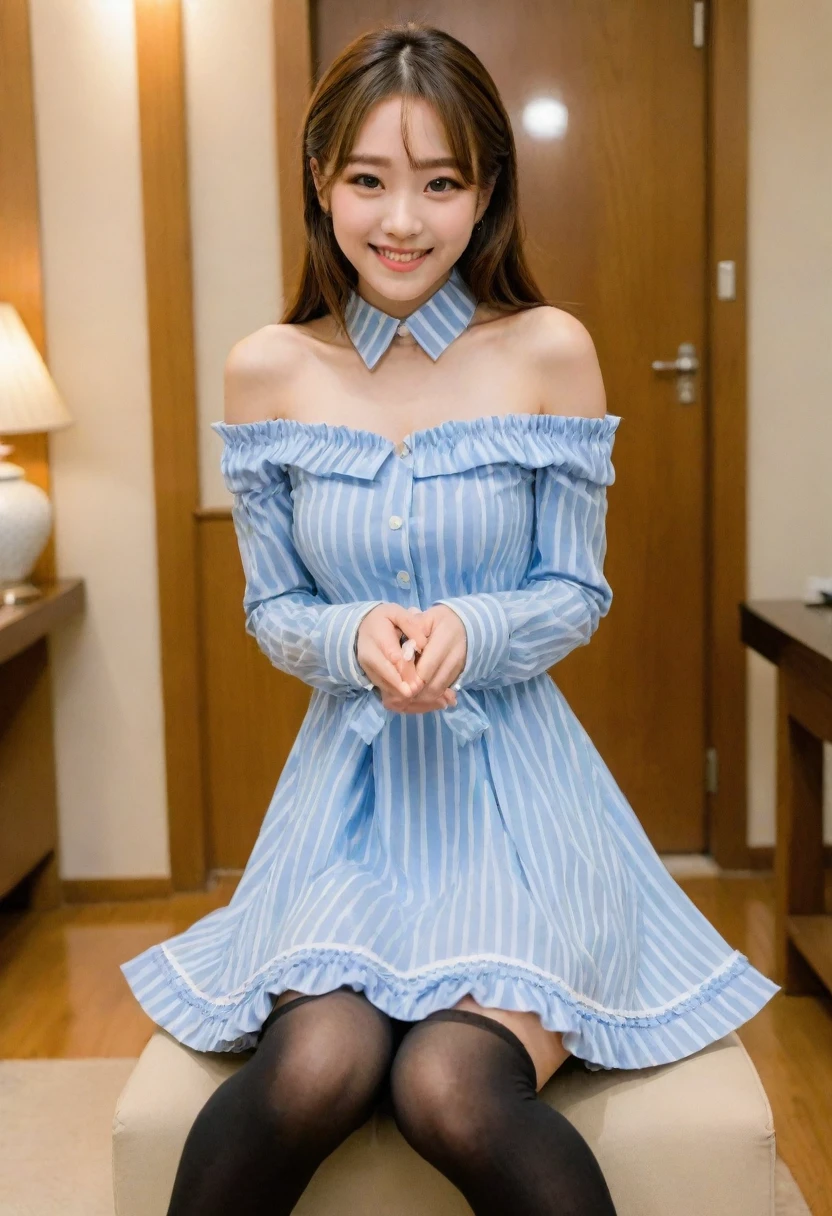 masterpiece, Best quality,, tok chan (umamusume), smile, sitting,, Vertical striped dress, bare shoulders, from the shoulder, closed mouth, Long sleeves, collared dress, gloves, with your own hands together, Hands on chin,, Upper body,,