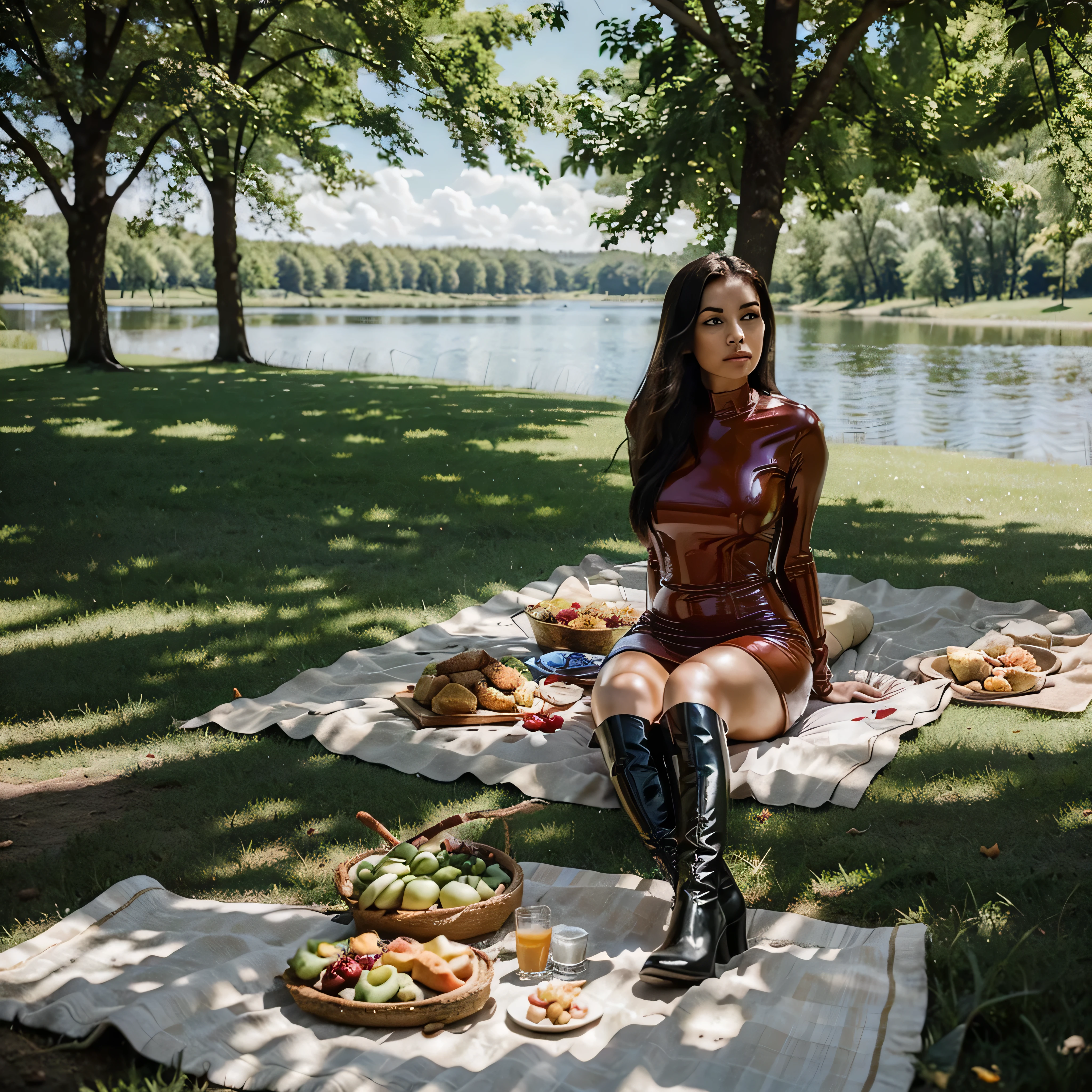 Create a realistic photograph of a girl wearing a short red latex dress and over-the-knee boots, sitting on a picnic blanket in a park with a lake in the background. The image should capture her from a flattering angle, emphasizing the glossy texture of the latex dress and the sleek lines of the boots. The lighting should be natural, highlighting both the shine of the latex and the serene beauty of the park and lake. Include elements like a well-arranged picnic setup, lush greenery, and a calm lake to enhance the peaceful yet stylish atmosphere.