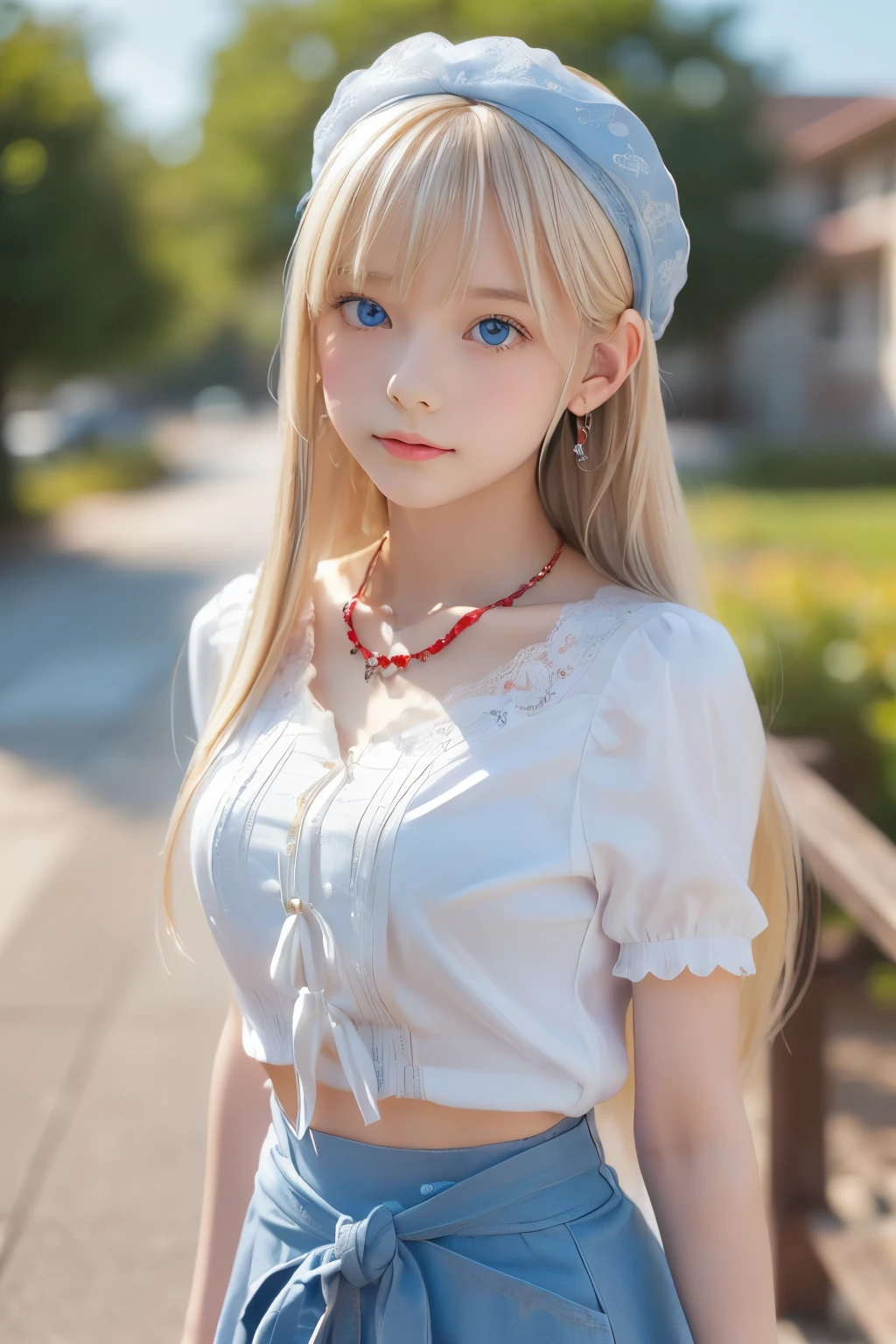 ((detailed face, cute face)), (She is wearing a long white embroidered skirt, a red blouse with lace, a white apron tied around her waist, blue socks, and brown leather shoes, blue scarf is on her head. Yes, her accessories include necklaces, earrings, and bracelets. 1 Girl)), Ultra High Resolution, (Realistic: 1.4), RAW Photo, Best Quality, (Photorealistic Stick), Focus, Soft Light, ((15 years old)), ((Shiny platinum blonde silk super long straight hair, beautiful shiny bangs, big clear sky blue eyes, very beautiful bright eye highlights )), (( (young face))), (surface), (depth of field), masterpiece, (realistic), woman, bangs, ((1 girl))