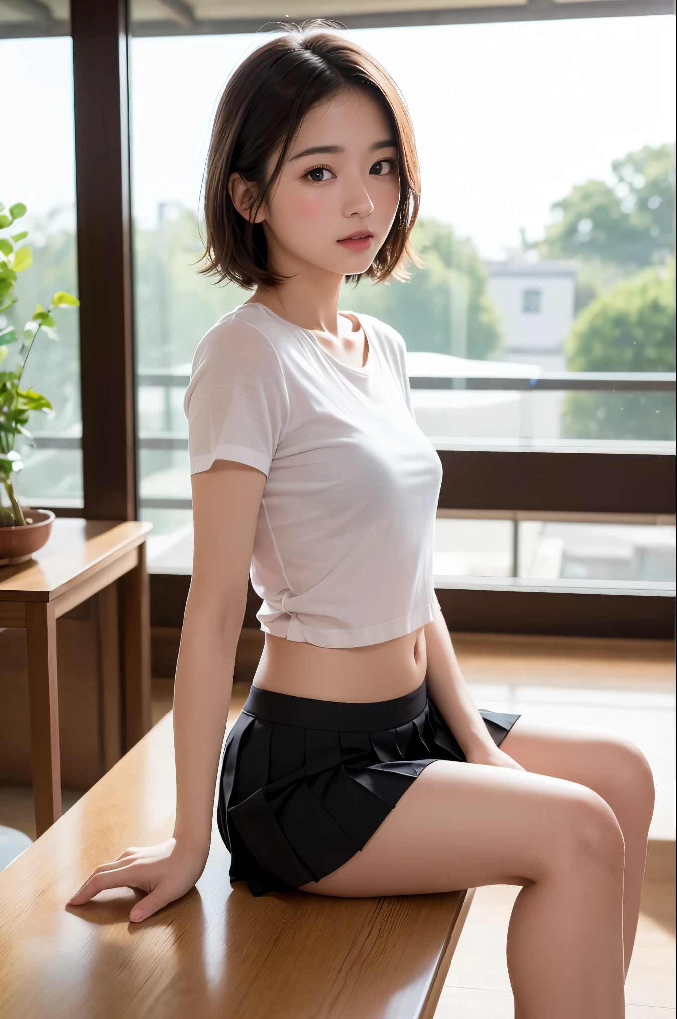(High resolution、8k:1.3)、(Ultra-realistic as a photo:1.3)、Very nice finish、Sharp focus, 超High resolutionの顔、highest quality、The face is in focus、Ultra high definition and beautiful eyes、Eyes are symmetrical:1.3、High quality and beautiful skin、Firm Skin、Japanese Girls, very cute、17 years old、(Short sleeve shirt、Pleated skirt、mini skirt), indoor、Sitting、Natural Makeup, (blush:1.3), (Embarrassing:1.3)、(View your viewers:1.3),short hair, messy hair
