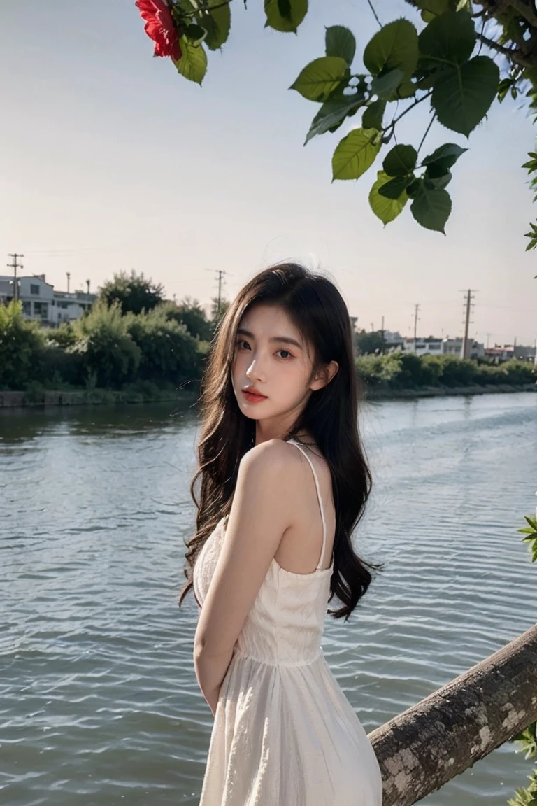 A girl sitting on branch in the river on lonely, Camara angle girl behind side, some flower leps flowing on air, Her long hair flowingthe wind, The entair environment are calm ful, pretty dress wearing,  sad face, looking on the sky, Her eyes are close, sleeping,  