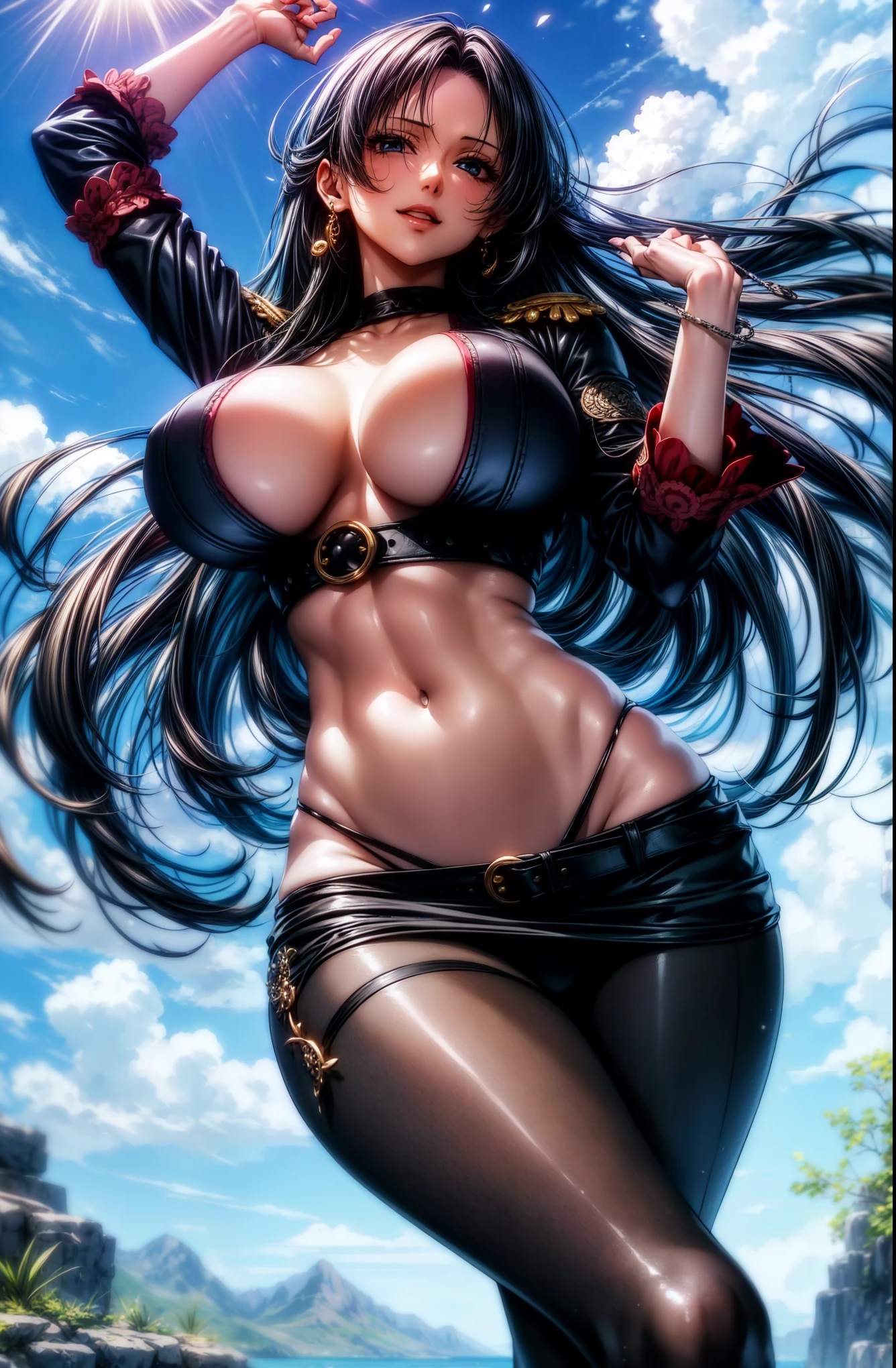 (top quality、masterpiece、very high resolution、super high quality、High quality pixels)、perfect eyes, perfect face, alone,alone, 8k, big breasts,(Detailed description of hair), (Detailed description of face),(detailed description of body), Fair and translucent skin, Gorgeous, long legs, facing the audience, Professional photography lighting, Boa Hancock (one piece), black eyeball, black hair, pantyhose, ssmile