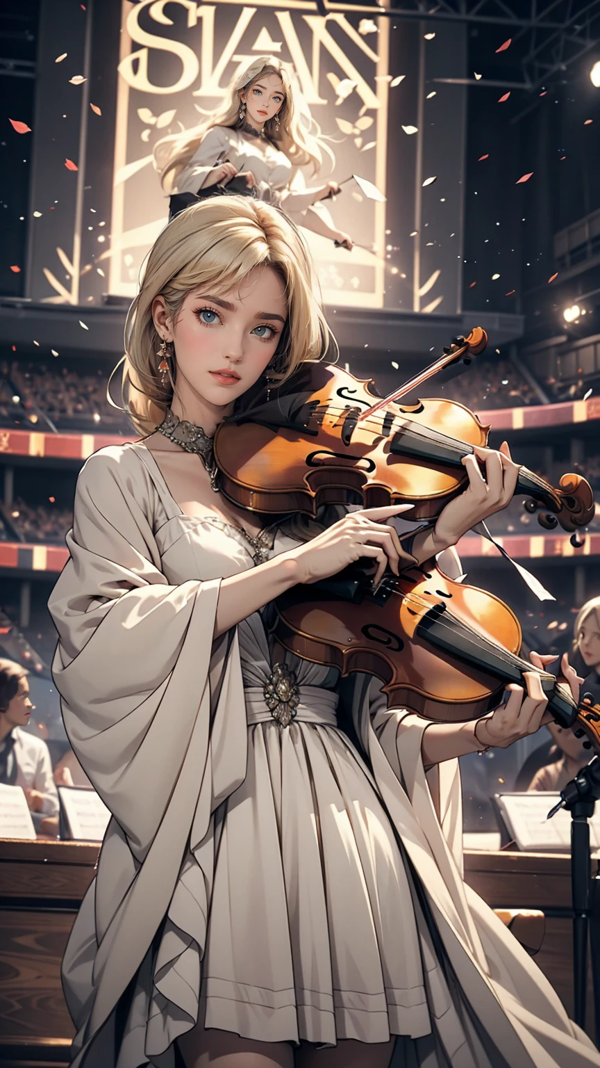24 year old Caucasian female、Platinum Blonde、Violinist playing at a concert、Dress Wear