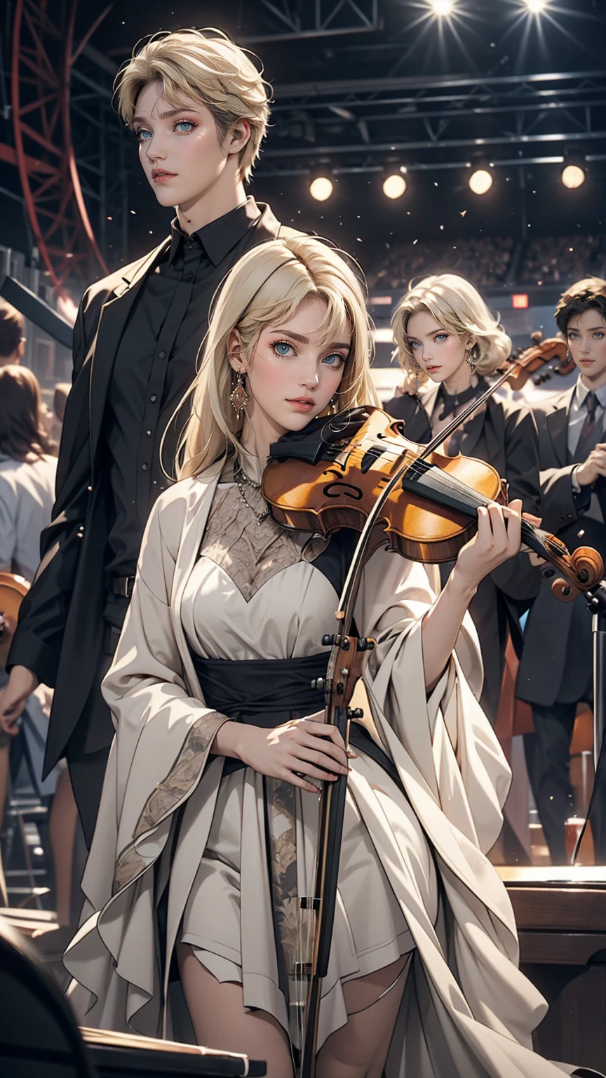 24 year old Caucasian female、Platinum Blonde、Violinist playing at a concert、Dress Wear