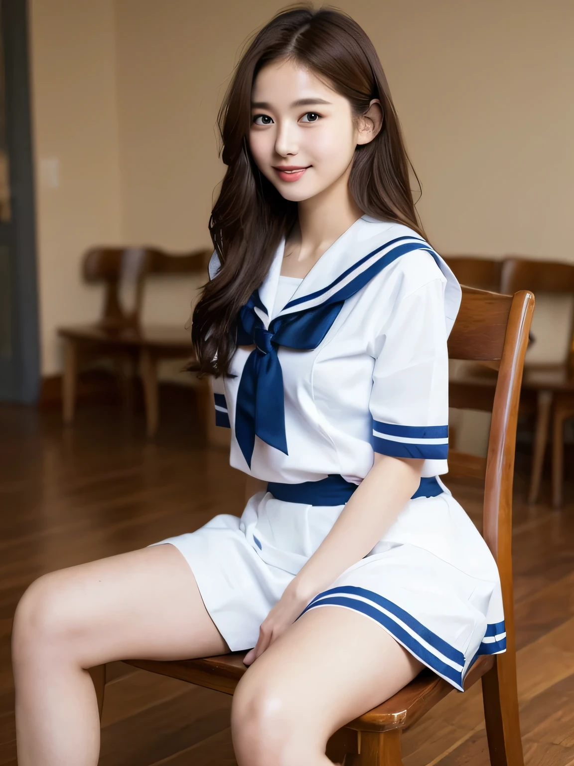 Slim body、slender、((highest quality, 8k, masterpiece: 1.3)), whole body、(1 16 year old girl), Slim figure: 1.4, (Brown Hair, big: 1.3), Highly detailed face, Fine grain, double eyelid, (Sailor suit schoolgirl), Laughter, 16 years old,itting in a chair、I can see your thighs、