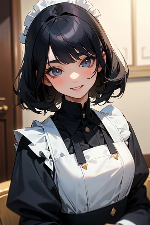 (Highest Resolution, clear_image) highest quality, Single person, One woman, alone, masterpiece, Very detailed, Semi-realistic, Black Hairのショートヘア, Black Hair, bangs, 18-year-old, mature, light blue uniform, uniform, Indoor Background, kind, Authoritative, Powerful, exquisite features, exquisite features、Eyelashes become longer、Showing teeth、smile😀、Maid clothes、woman'Fingers in the、Sleeping on the sofa、Long Hair、Fluttering in the wind、Cleaning in progress、Navy blue clothes、ponytail、