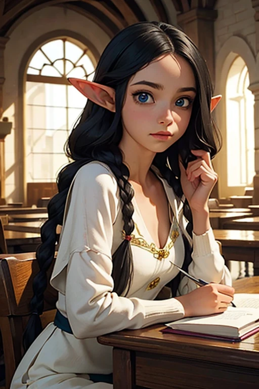 Obra de arte, melhor qualidade, 1 female elf,1 garota, long black hair in braids,olhos azuis,bustoto pequeno,olhando para o espectador, one piece,, namiOP, , escola, escola desk,, Sozinho,  Beautiful 18 year old female elf in a medieval knight school