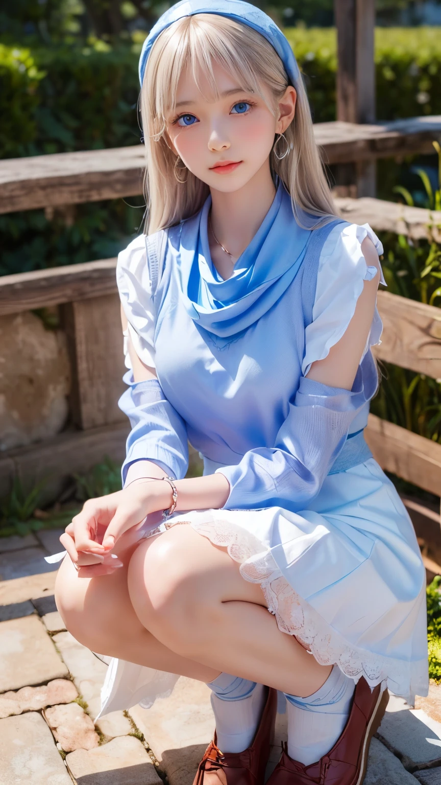 ((Detailed face, cute face)),(She wears a long white embroidered skirt, a red blouse with lace, a white apron tied around her waist, blue socks, brown leather shoes. She wears a blue scarf on her head. Yes, her accessories include a necklace, earrings and a bracelet. (Super long straight hair with shiny platinum blonde silk, beautiful shiny bangs, big clear sky blue eyes, very beautiful and bright eye highlights), 1 girl)), Ultra High Resolution, (Realistic: 1.4), RAW Photo, Best Quality, (Photorealistic Stick), Focus, Soft Light, (())