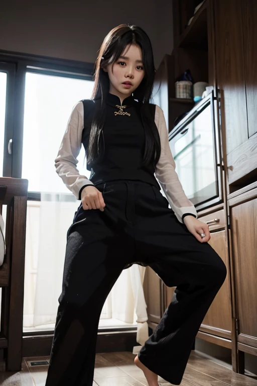 Vietnamese Girl sees the ghost and pees her black ao dai pants in fright.