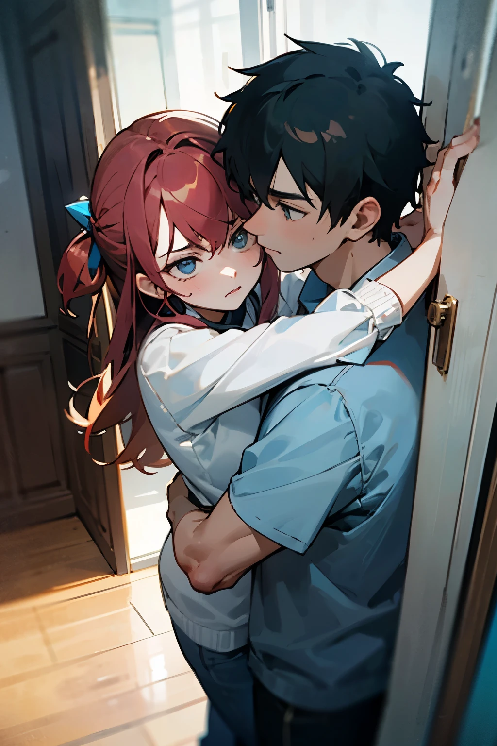 A girl is hugging her boyfriend in front of her ex-boyfriend in her house. The ex-boyfriend is standing nearby, looking at them with a hint of anger.